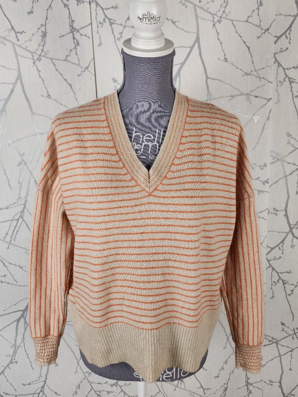 Duffy Orange Stripe 100% Cashmere Knit V-Neck Boxy Fit Sweater
